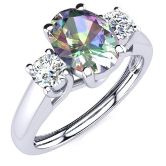 1-1/5 Carat Oval Shape Mystic Topaz Ring With Two Diamonds In 14 Karat White Gold