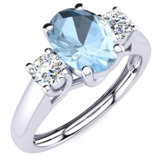 Aquamarine Ring: Aquamarine Jewelry: 1 Carat Oval Shape Aquamarine and Two Diamond Ring In 14 Karat White Gold
