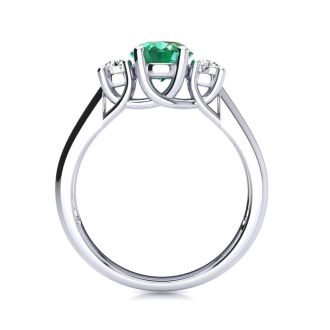 1 Carat Oval Shape Emerald and Two Diamond Ring In 14 Karat White Gold