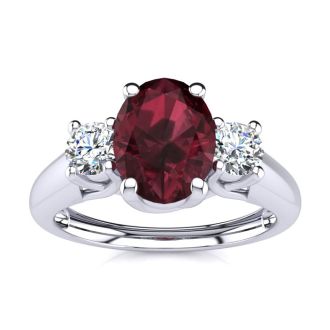 Garnet Ring: Garnet Jewelry: 1 1/5 Carat Oval Shape Garnet and Two Diamond Ring In 14 Karat White Gold