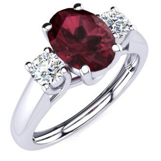 Garnet Ring: Garnet Jewelry: 1 1/5 Carat Oval Shape Garnet and Two Diamond Ring In 14 Karat White Gold