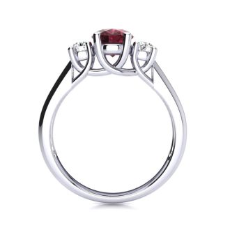 Garnet Ring: Garnet Jewelry: 1 1/5 Carat Oval Shape Garnet and Two Diamond Ring In 14 Karat White Gold