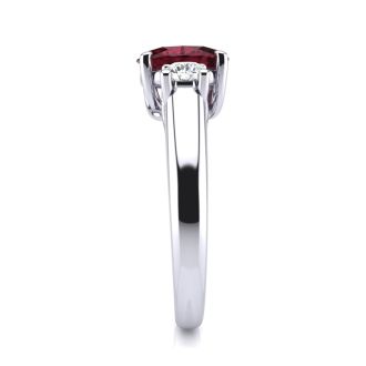Garnet Ring: Garnet Jewelry: 1 1/5 Carat Oval Shape Garnet and Two Diamond Ring In 14 Karat White Gold