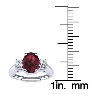 Garnet Ring: Garnet Jewelry: 1 1/5 Carat Oval Shape Garnet and Two Diamond Ring In 14 Karat White Gold