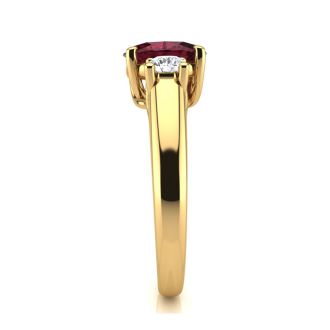 Garnet Ring: Garnet Jewelry: 1 1/5 Carat Oval Shape Garnet and Two Diamond Ring In 14 Karat Yellow Gold