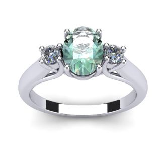 1 Carat Oval Shape Green Amethyst and Two Diamond Ring In 14 Karat White Gold