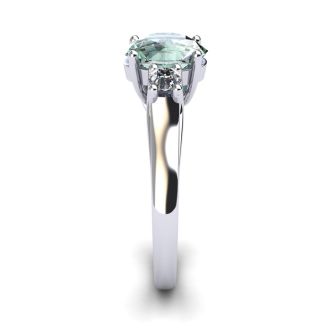 1 Carat Oval Shape Green Amethyst and Two Diamond Ring In 14 Karat White Gold