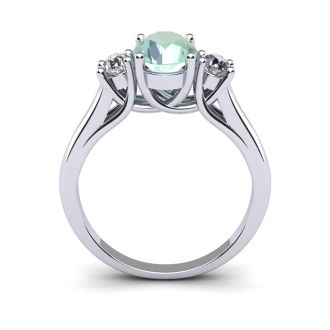 1 Carat Oval Shape Green Amethyst and Two Diamond Ring In 14 Karat White Gold