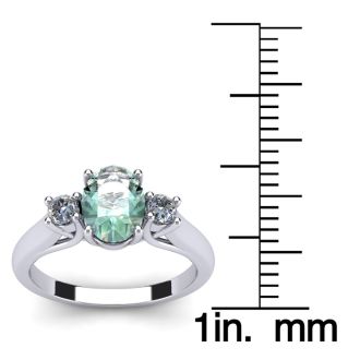 1 Carat Oval Shape Green Amethyst and Two Diamond Ring In 14 Karat White Gold