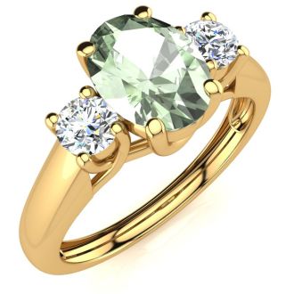 1 Carat Oval Shape Green Amethyst and Two Diamond Ring In 14 Karat Yellow Gold