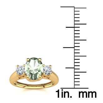 1 Carat Oval Shape Green Amethyst and Two Diamond Ring In 14 Karat Yellow Gold