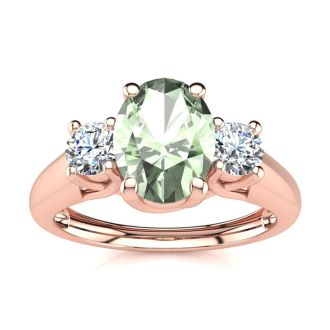 1 Carat Oval Shape Green Amethyst and Two Diamond Ring In 14 Karat Rose Gold