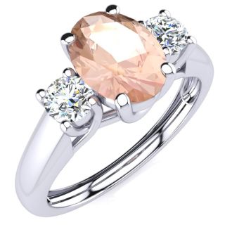 1 Carat Oval Shape Morganite and Two Diamond Ring In 14 Karat White Gold