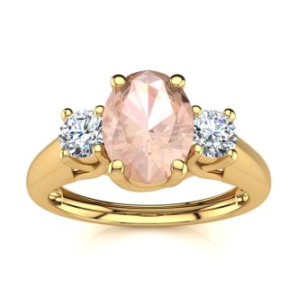 1 Carat Oval Shape Morganite and Two Diamond Ring In 14 Karat Yellow Gold