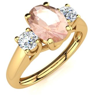 1 Carat Oval Shape Morganite and Two Diamond Ring In 14 Karat Yellow Gold