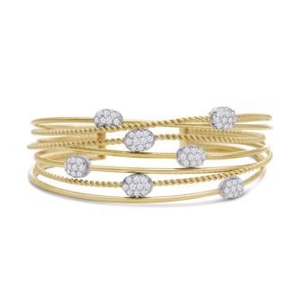 14 Karat Yellow Gold 1 1/2 Carat Pave Diamond Cuff Bangle Bracelet