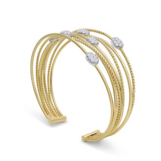 14 Karat Yellow Gold 1 1/2 Carat Pave Diamond Cuff Bangle Bracelet