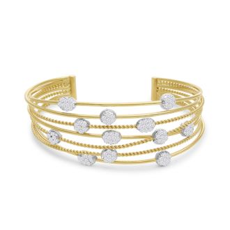 14 Karat Yellow Gold 2 Carat Pave Diamond Cuff Bangle Bracelet