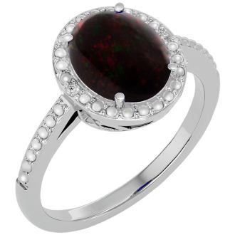 1 ½ Carat Black Opal and Diamond Halo Ring in Sterling Silver-Size 4 Only
