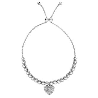 Sterling Silver Faceted Bead Adjustable Bead Bracelet with Cubic Zirconia Heart Charm
