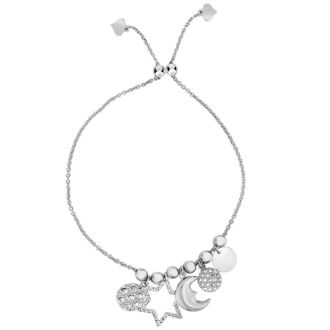 Sterling Silver and Cubic Zirconia Moon and Stars Charm Bracelet with Adjustable Bead

