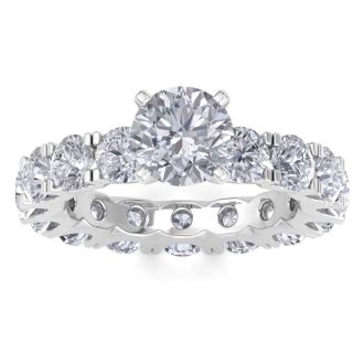 14 Karat White Gold 5 Carat Diamond Eternity Engagement Ring With 1 1/2 Carat Round Brilliant Center, Ring Size 5