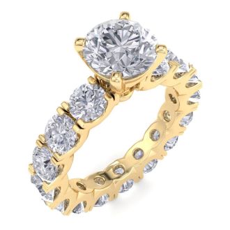 14 Karat Yellow Gold 4 3/4 Carat Diamond Eternity Engagement Ring With 1 1/2 Carat Round Brilliant Center, Ring Size 4.5