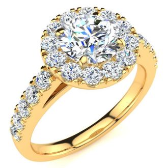 14 Karat Yellow Gold 1 1/3 Carat Classic Round Halo Diamond Engagement Ring