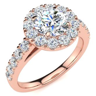 14 Karat Rose Gold 1 1/3 Carat Classic Round Halo Diamond Engagement Ring