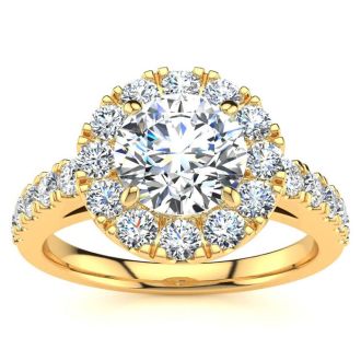 14 Karat Yellow Gold 1 1/2 Carat Classic Round Halo Diamond Engagement Ring