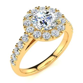 14 Karat Yellow Gold 1 1/2 Carat Classic Round Halo Diamond Engagement Ring