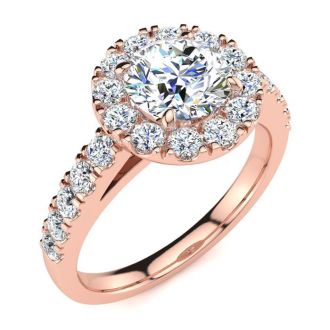 14 Karat Rose Gold 1 1/2 Carat Classic Round Halo Diamond Engagement Ring