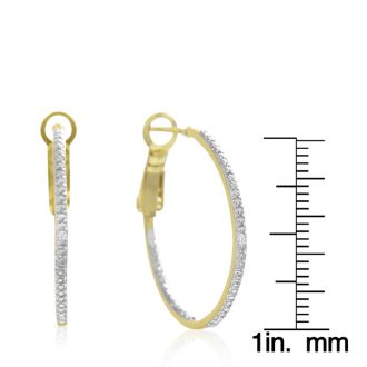 Delicate Diamond Hoop Earrings, Gold Overlay, 1 Inch


