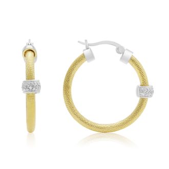 Herringbone Two Tone Diamond Hoop Earrings, Gold Overlay, 1 Inch

