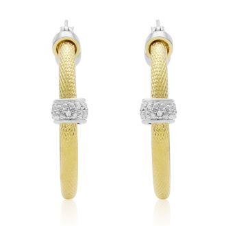 Herringbone Two Tone Diamond Hoop Earrings, Gold Overlay, 1 Inch
