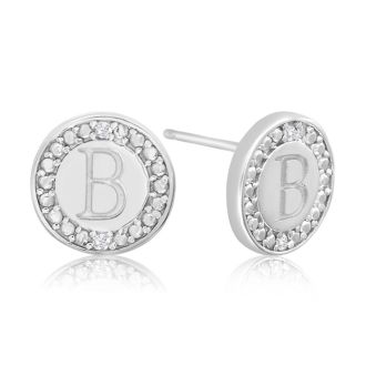 "B" Initial Diamond Stud Earrings In Sterling Silver