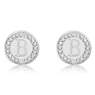 "B" Initial Diamond Stud Earrings In Sterling Silver
