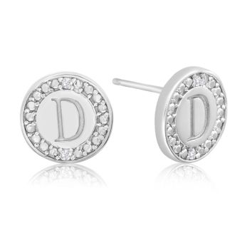 "D" Initial Diamond Stud Earrings In Sterling Silver