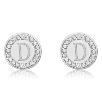 "D" Initial Diamond Stud Earrings In Sterling Silver