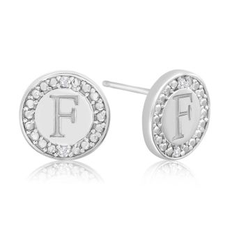 "F" Initial Diamond Stud Earrings In Sterling Silver