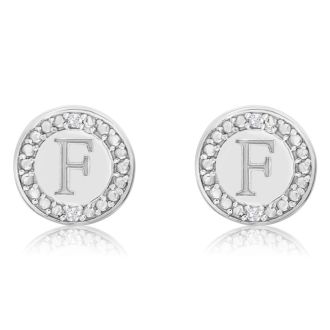 "F" Initial Diamond Stud Earrings In Sterling Silver