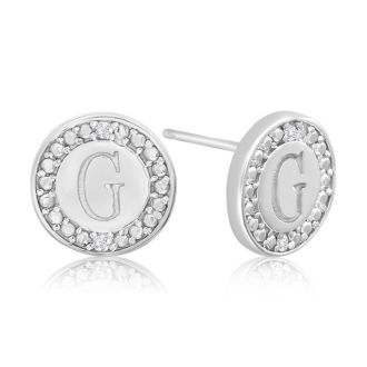 "G" Initial Diamond Stud Earrings In Sterling Silver