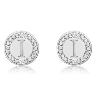 "I" Initial Diamond Stud Earrings In Sterling Silver