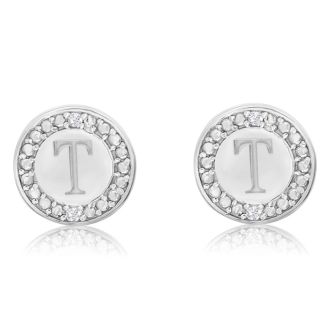 "T" Initial Diamond Stud Earrings In Sterling Silver
