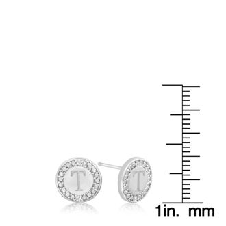 "T" Initial Diamond Stud Earrings In Sterling Silver
