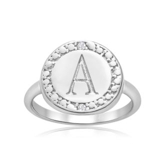 "A" Initial Diamond Pinkie Ring In Sterling Silver

