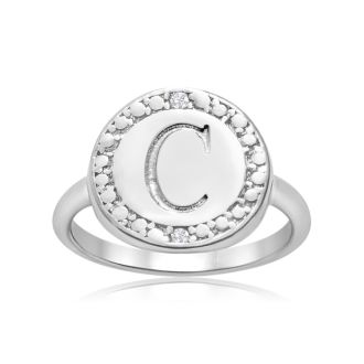 "C" Initial Diamond Pinkie Ring In Sterling Silver

