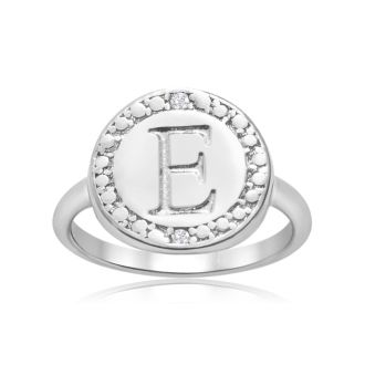 "E" Initial Diamond Pinkie Ring In Sterling Silver
