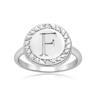 "F" Initial Diamond Pinkie Ring In Sterling Silver
