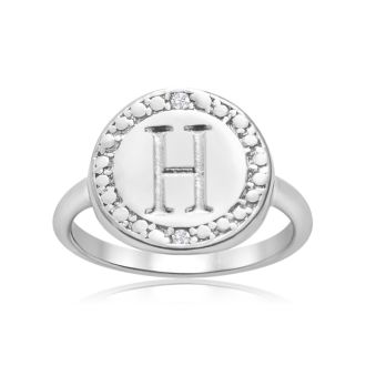 "H" Initial Diamond Pinkie Ring In Sterling Silver